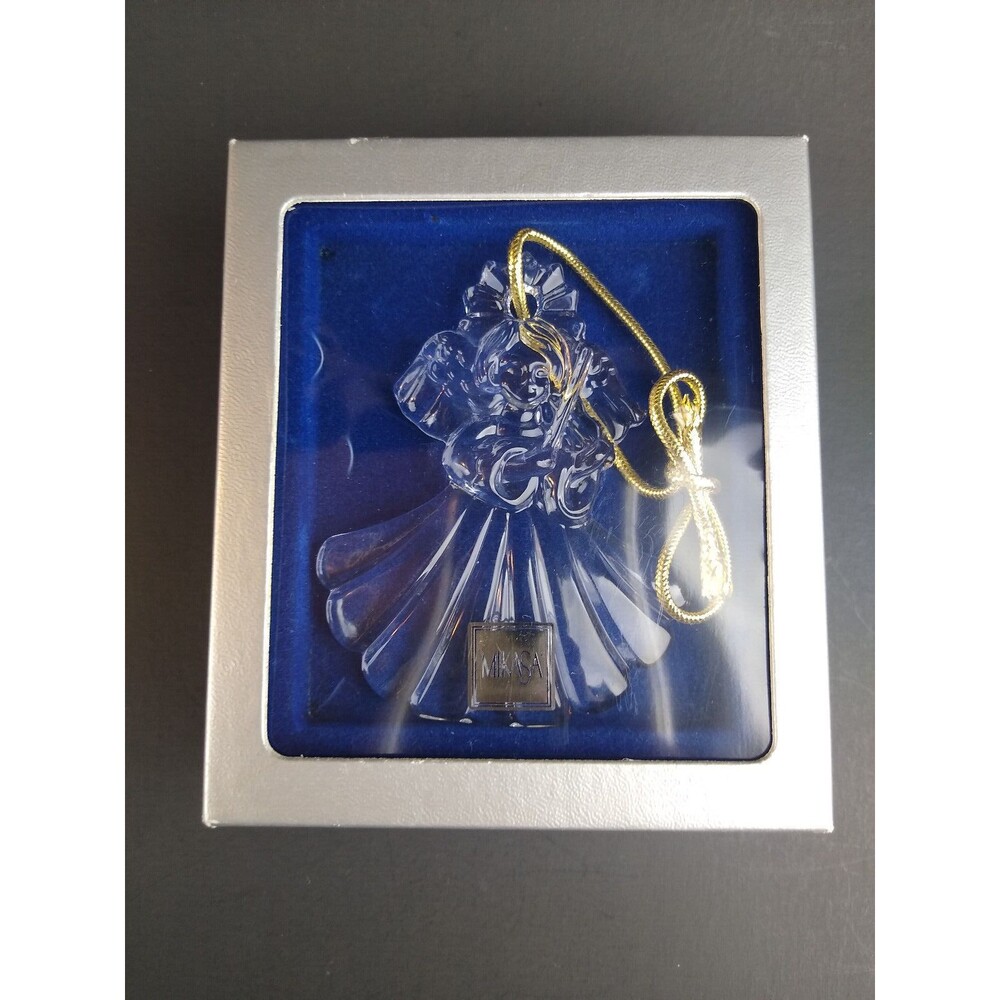 Mikasa Crystal Germany Christmas Cherub Halo Angel w Violin Ornament w Box Vintg